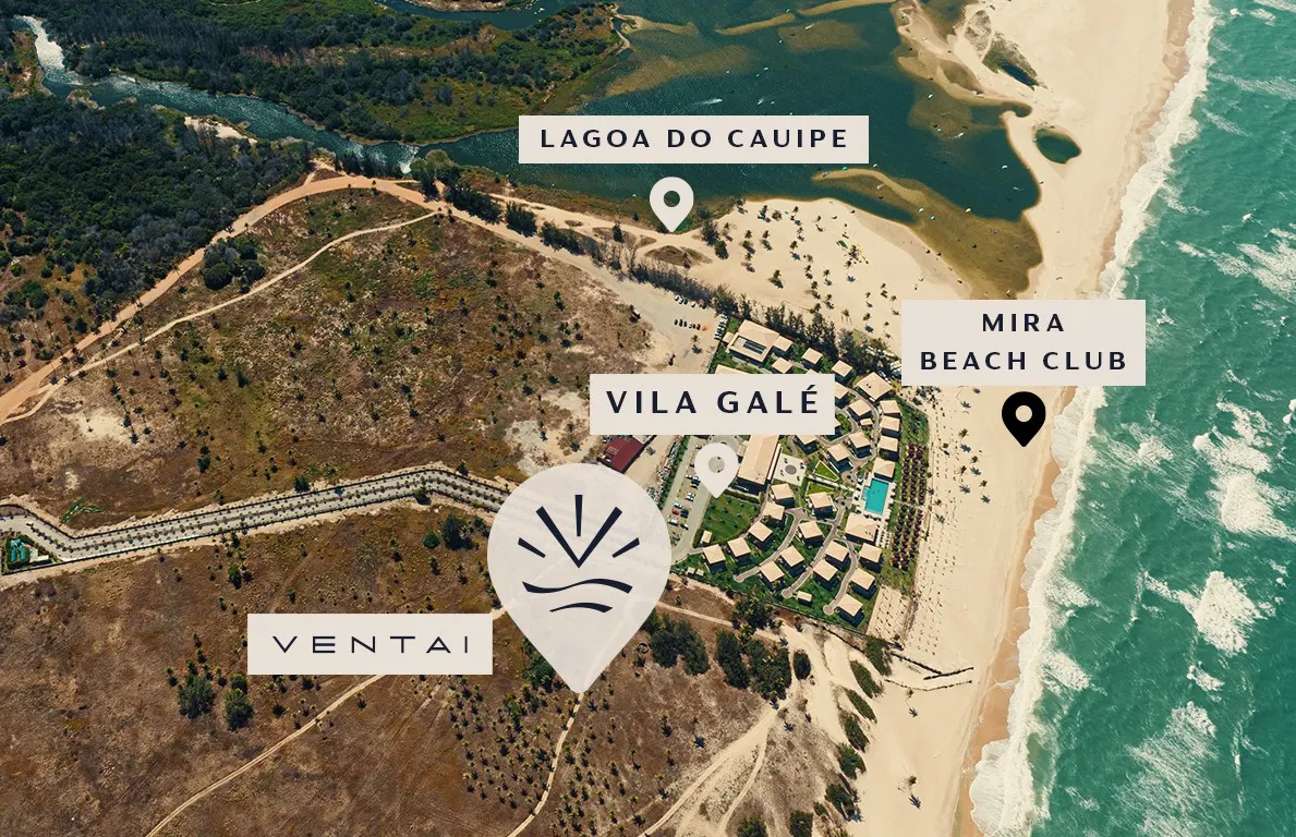 Mapa aéreo da localização do Ventai, ao lado do Vila Galé, com o Lago do Cauípe e o Mira Beach Club