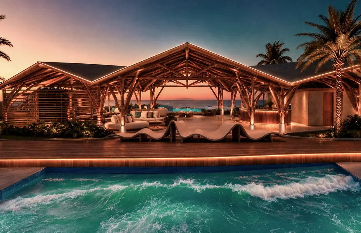 Render do clube ao entardecer, com piscina, deck e cobertura de madeira