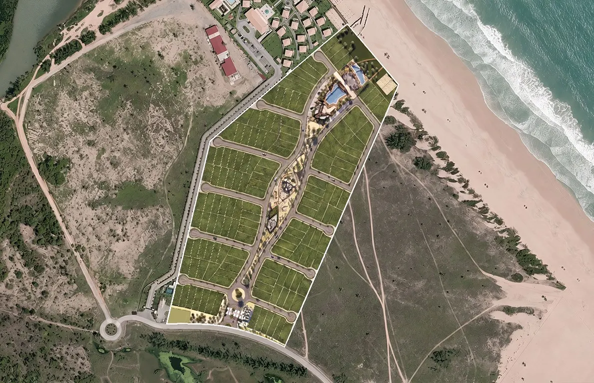 Vista aérea do masterplan do condomínio, com os lotes de frente para a praia